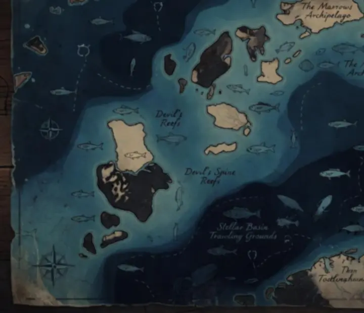 Mapa archipelagu DREDGE z zaznaczonymi siedliskami ryb i potworów