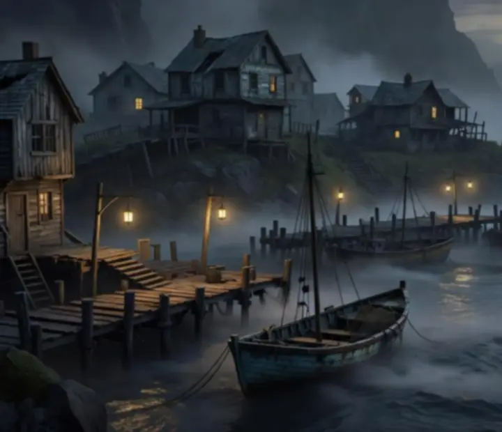 Port Greater Marrow nocą, oświetlony latarniami na tle ciemnego morza