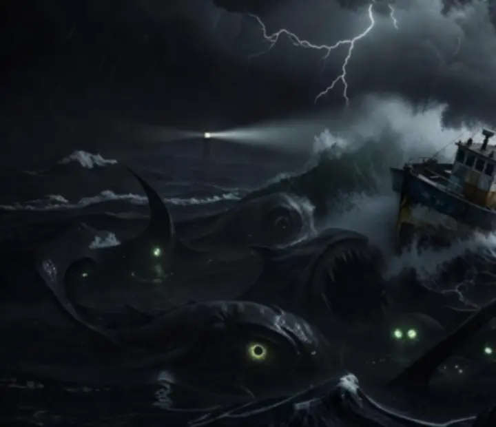 Nocne morze w DREDGE z niepokojącą poświatą i ciemną wodą